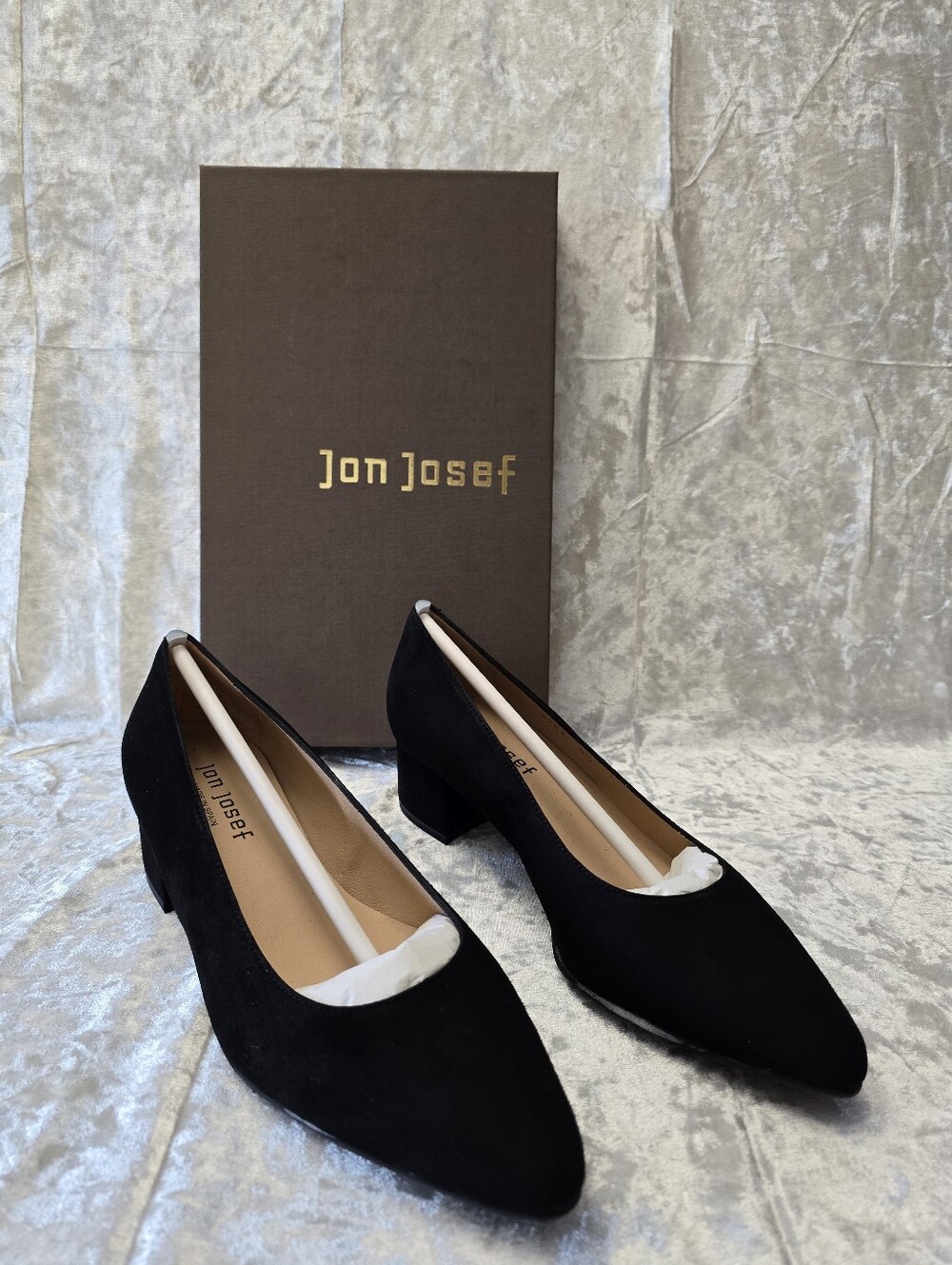 Jon Josef (Bella Black Suede) Low Block Heel Pumps, New In Box.